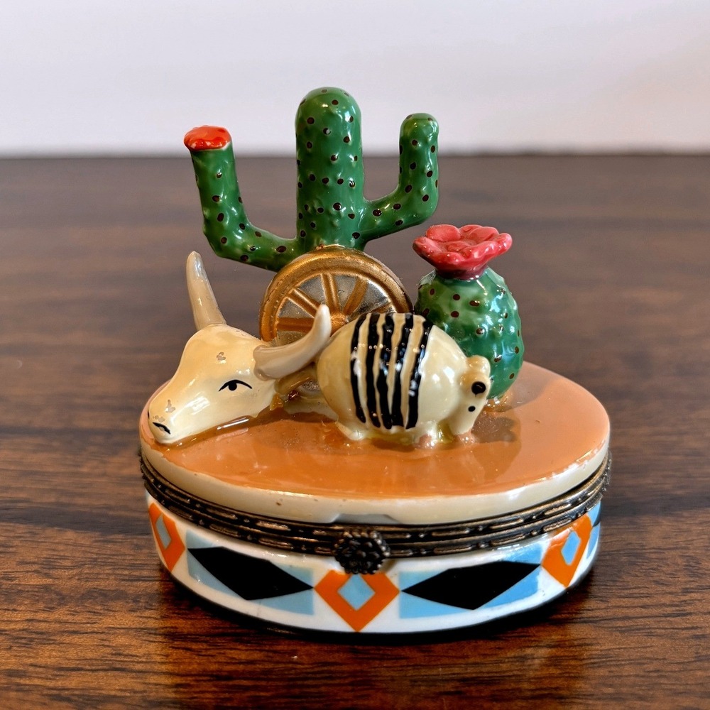 Southwest Desert Trinket Box Longhorn Armadillo Cactus Wagon Wheel Enamel Boho